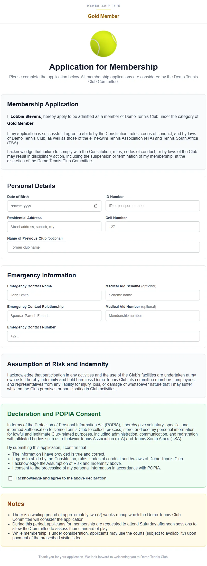 Full membership application form including personal details, emergency contacts, and POPIA consent